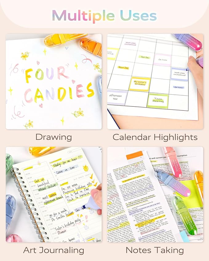 Four Candies 8 Pcs Highlighters Assorted Colors, Cute Pastel Highlighter Set, Dry Quickly, Soft Chisel Tip, Bible Highlighter for No Bleed, Back to School Supplies，Aesthetic Highlighters for Office