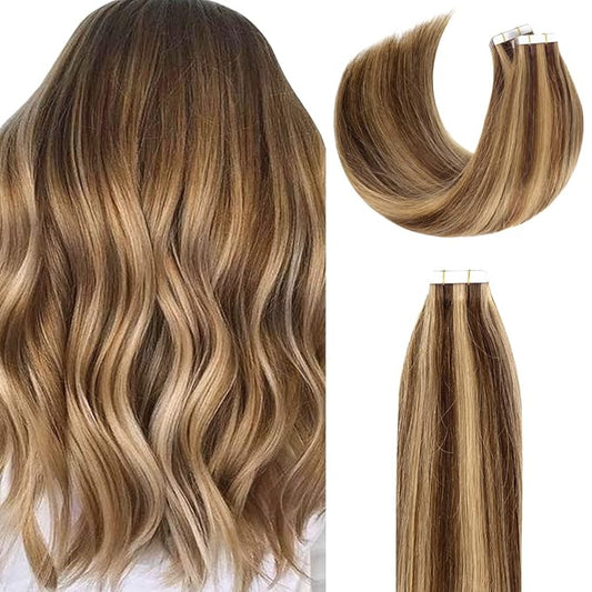 Lacerhair Natural Hair Remy Tape in Human Hair Extensions Highlight Color #4/12 Dark Brown to Golden Brown Seamless PU Skin Weft 100% Real Virgin Invisible Hair Double Side 50g 20pcs/set 14 Inch