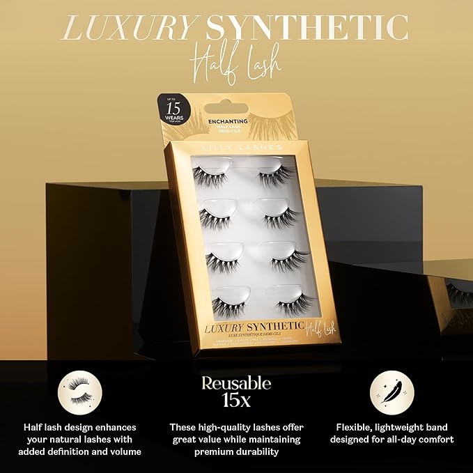 Lilly Lashes Luxury Synthetic Half Lashes (Pack of 4), False Eyelashes, Natural Looking Wispy Lash Strips, Multi-Pack Reusable Up To 15x, Eyelash Glue not Included (Enchanting)