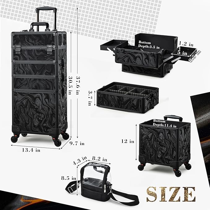 Stagiant Rolling Makeup Case 4 in 1 Cosmetology Case on Wheels Makeup Travel Case with Cosmetic Bag Key Swivel Wheels Salon Barber Case Traveling Cart Trunk Cosmetic Trolley Alpine Black