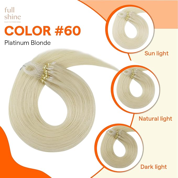 Full Shine Micro Loop Hair Extensions Real Human Hair Color 60 Platinum Blonde 18 Inch 50 Grams Microlink Hair Extensions Human Hair Long Straight Remy Hair for Wedding