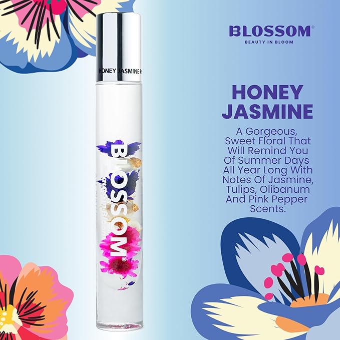 Blossom Moisturizing Lip Gloss Tubes, Roll on Perfume Oil, Natural Essential Oils, Scented pH Color Change Lip Balm with Real Flowers, 0.7 fl. oz/15mL, 3 Pack Gift Set, Cherry/Honey Jasmine/Turquoise