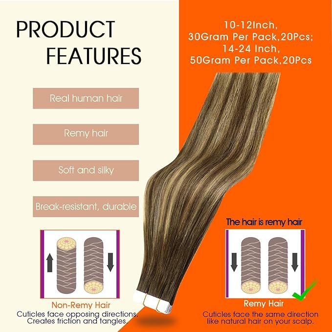 Full Shine Invisible Tape in Extensions Human Hair Color 4/24/4 Medium Brown to Honey Blonde Hair Extensions Tape in 22Inch Remy Hair Extention 20Pcs Seamless Skin Weft 50G Add Length for Party