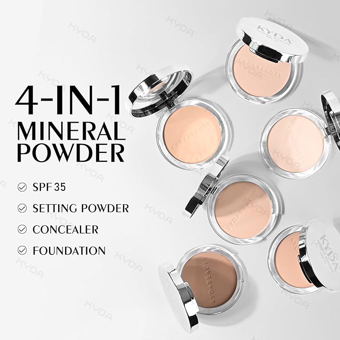 KYDA Mineral Powder, SPF 35, 4-in-1 Mineral Pressed Powder Foundation with Concealer and Setting, Matte Weightless Pressed Foundation, Light to Medium Coverage, NATURAL BEIGE