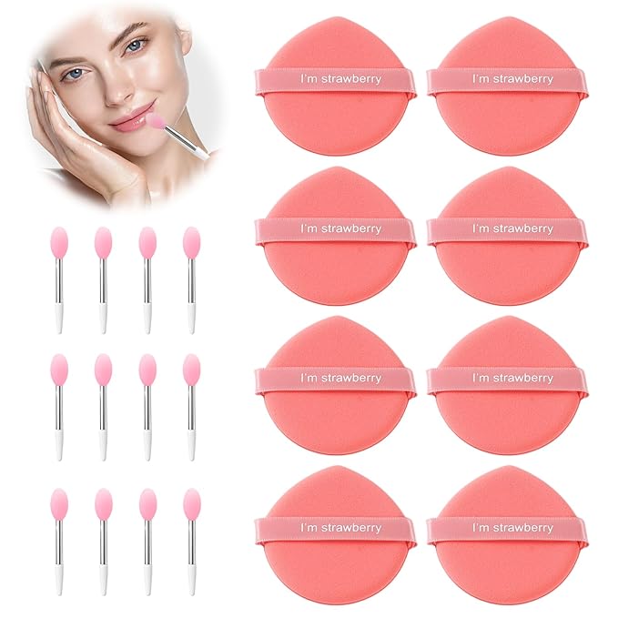 12 PCS Lip Mask Applicator&8 Pack Air Cushion Puff, Reusable Silicone Lip Applicator, Wet and Dry Dual-Use Makeup Sponge, Beauty Makeup Set for Daily Makeup, Attending a Party and Taking Photos
