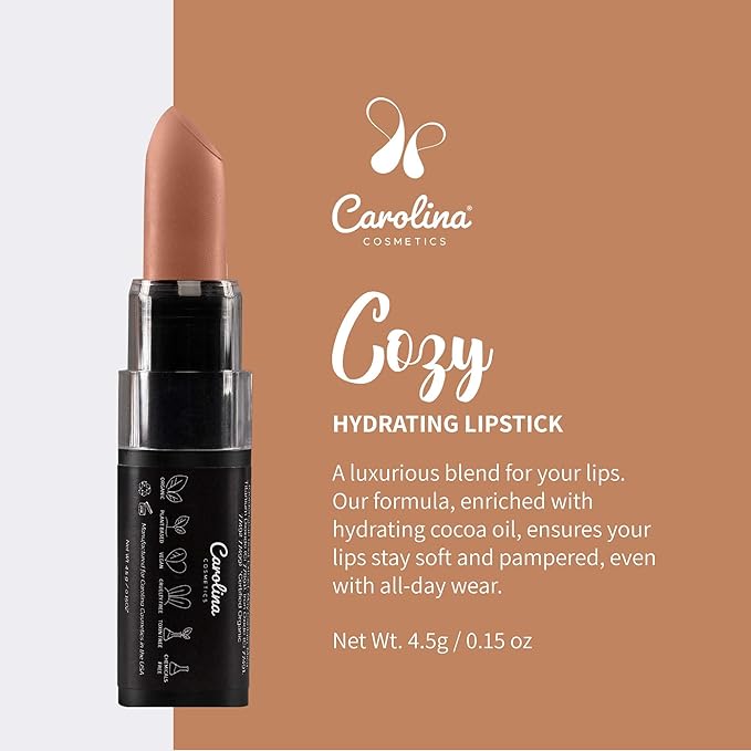 Carolina COSMETICS - Plant-Based Moisturizing Lipstick - Cozy Shade 0.15oz- Hydrating with Cocoa Oil, Gluten-Free, Vegan, Non-GMO, Paraben-Free - Lightweight Cream Texture