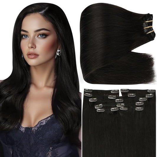 Full Shine Clip in Human Hair Extensions Black Hair Clip in Extensions Human Hair Black Triple Weft Hair Extensions Extra Volume 18 Inch 7 Pcs 135 G