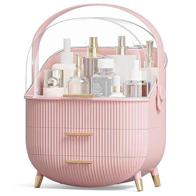 Makeup Organizers, Make Up Organizer for Vanity, Countertop Cosmetic Storage with Drawers and Transparent Cover for Bedroom Bathroom, Pink