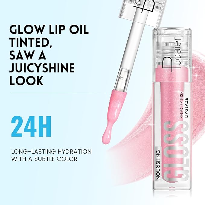 Pudaier Glossy Lip Stain, Excellent Recovery, Moisturizing Lip Care Clear Lip Oil, Hydrating Plumping Lip Gloss Balm, Non-Sticky Long Lasting Light Texture LipGloss Oil for Dry Lip (01 Ice Crust)