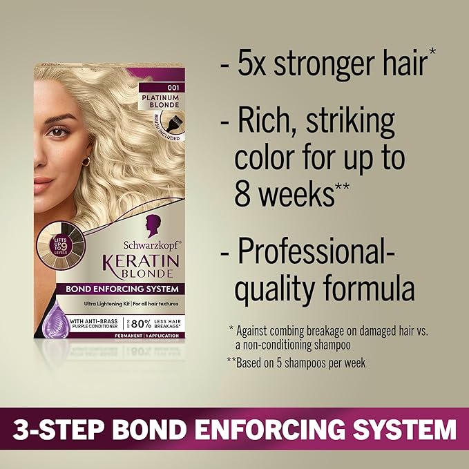 Schwarzkopf Keratin Blonde Hair Dye, 001 Platinum Blonde, Professional Quality Hi-Lift Permanent Hair Color, Bond Enforcing System Helps Prevent Breakage* Pre-Color Serum & Purple Conditioner Included