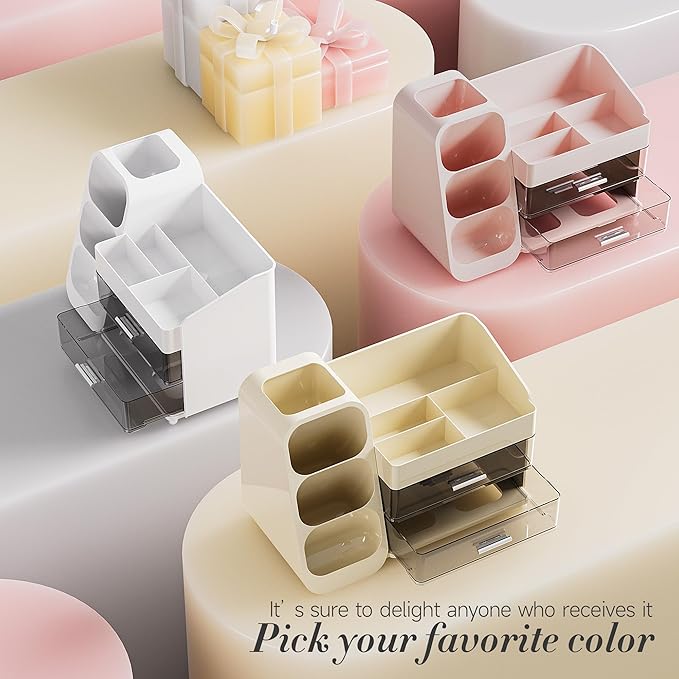 Delamu Makeup Organizer Countertop, Spacious Cosmetic Display Case with Makeup Brush Holder, Perfect Vanity Bathroom Organizer and Storage Solution for Skincare & Beauty Essentials, White