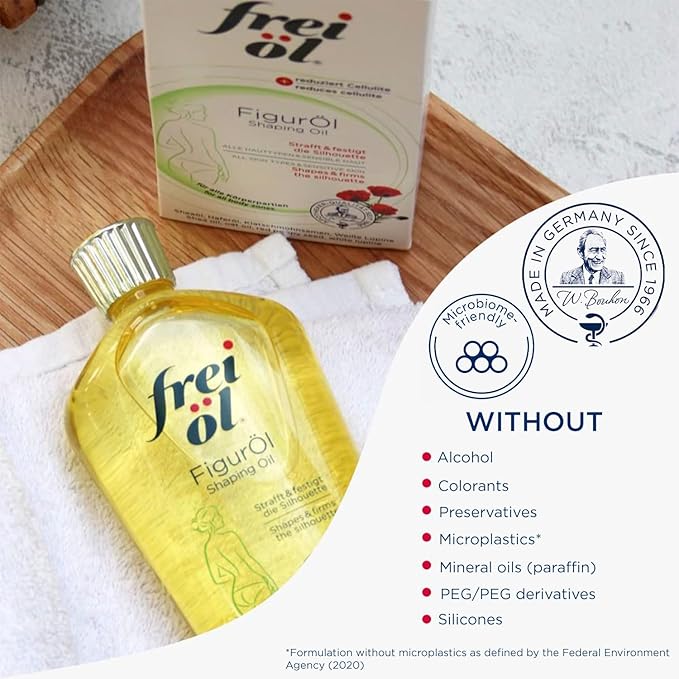 frei öl shaping oil – body oil for cellulite reduction – smooths, tightens & firms problem areas & Post pregnancy regression – citrus scent – all skin types – vegan – 125 ml / 4.23 Fl Oz