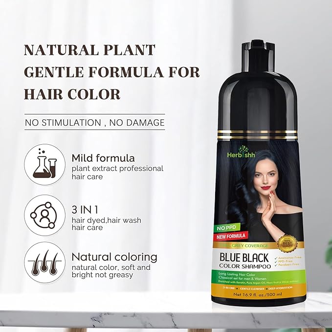 Herbishh Blue Black Hair Color Shampoo - 3-In-1 Magic Dye for Gray Hair 500 Ml + Argan Oil for Dull, Dry Damaged Hair 30ML