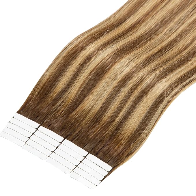 Lacer Tape in Hair Extensions Real Human Hair 20 Pieces 50 Grams Chocolate Brown to Strawberry Blonde Highlights with Chocolate Brown Roots R#4-4/27 22 Inches