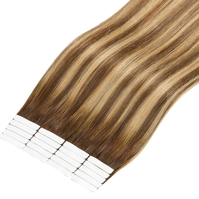 Lacer Tape in Hair Extensions Real Human Hair Seamless Rooted Chocolate Brown to Caramel Blonde Hair Extensions Tape in Real Hair Straight 12 Inch 20Pcs 30 Grams
