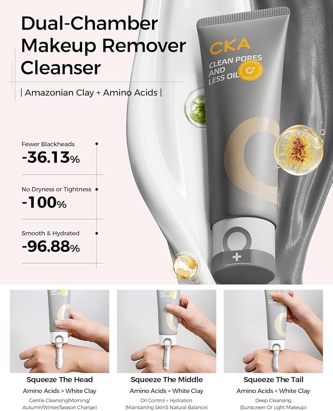 CKA Facial Deep Cleanser, Blackhead Makeup Remover 2 in 1 Dual-Chamber Foam Cleanser, Gentle Oil Control Minimizes Pores with Amazonian White Clay & Amino Acid, Daily Face Wash for Oily/Sensitive Skin