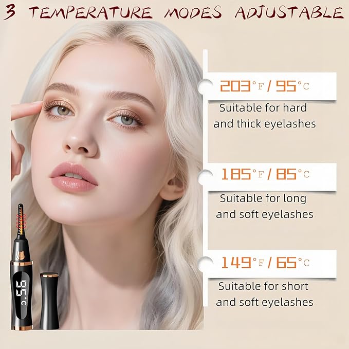 Heated Eyelash Curler – Fast 5s Heat-Up, USB Rechargeable Electric Eyelash Curler, 3 Temperature Modes, LED Display, Anti-Burn, 24H Long-Lasting Curl, Perfect Gift for Women (Black)