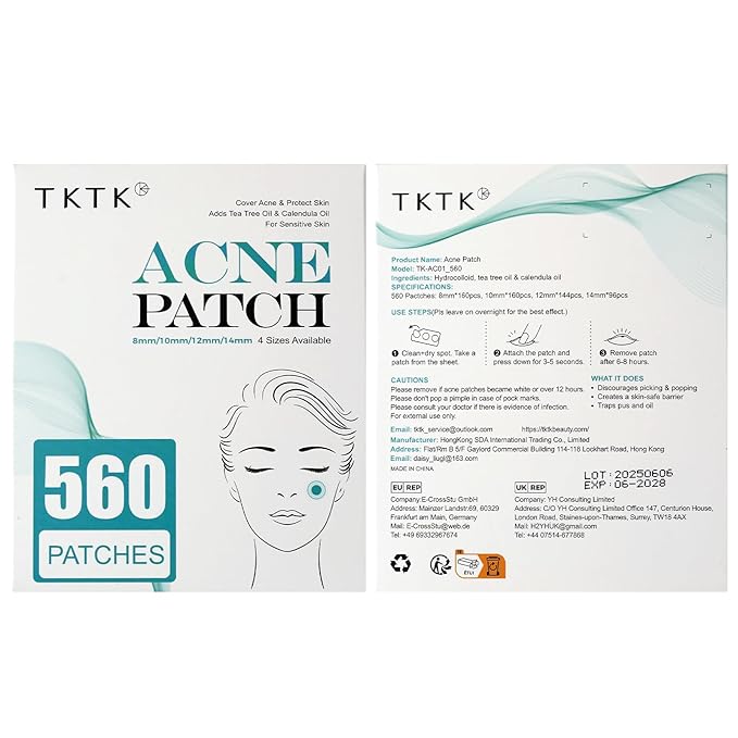 TKTK Pimple Patch Acne Patch, 4 Sizes 560 Patches Acne Absorbing Cover Patch, Hydrocolloid Invisible Acne Patches For Face Zit Patch Acne Dots Tea Tree, Calendula Oil - 4 Pack