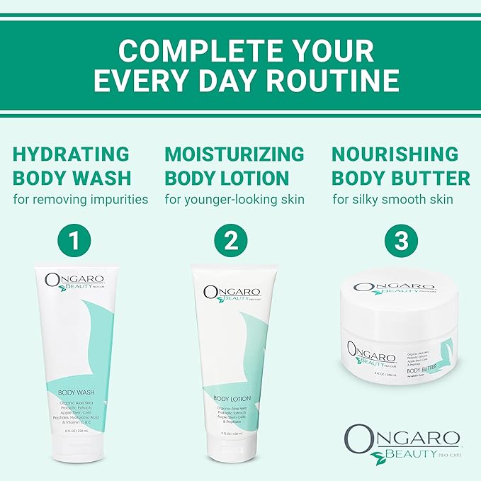 Ongaro Beauty Organic Body Lotion - Light Scent Body Moisturizer Skin Lotion, Moisturizing Care w/Aloe Vera, Cocoa Butter, Hyaluronic Acid, Shea Butter & Vitamin E, Lightweight, All Skin Types 8fl oz
