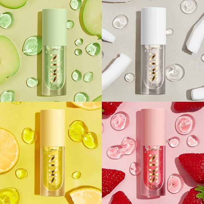 Plumping Lip Oil 4 Packs Hydrating Lip Glow Oil Fruit Extract Lip Gloss Moisturizing Lip Balm and Tinting for Dry Lips