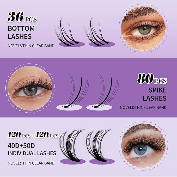 DIY Lash Extension Kit Lash Clusters With Bottom Lashes 20/30/40/50D 12-18mm Multi-types Individual Lashes Bond and Seal, Spike, Nature Volume Lashes Kit Lash Applicator(40/50 Kit)