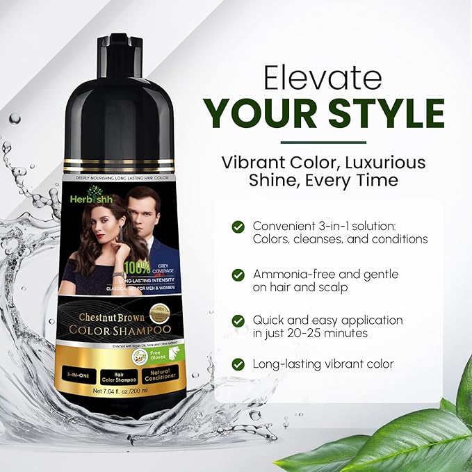 Herbishh Chestnut Brown Shampoo, Hair Dye Shampoo 3 in 1, 100% Grey Coverage, Demi-Permanent Hair Color for Men & Women, Long-lasting Color in 20-25 Mins, Ammonia-free, 200 ml