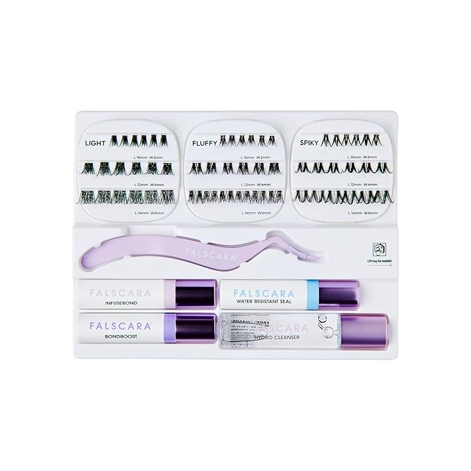 FALSCARA STUDIO Lash Extension Kit, 54 Stackable Lash Clusters, Medium Volume, 10mm-14mm, ‘Xtra’, False Eyelashes, InfuseBond, Water-Resistant Seal, BondBoost, Hydro Cleanser, Applicator