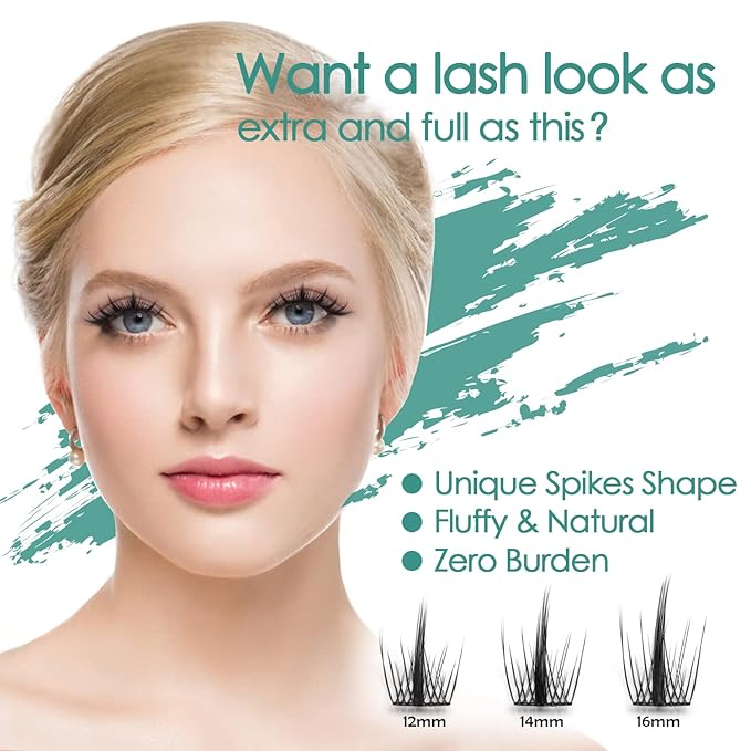 DIY Eyelash Extension, 3D Effect Glue Bonded Band Individual Lash 48 Clusters Volume Lashes Set, Home Eyelash Extension, C curl Lashes Pack 16MM-Spikes-48 Clusters