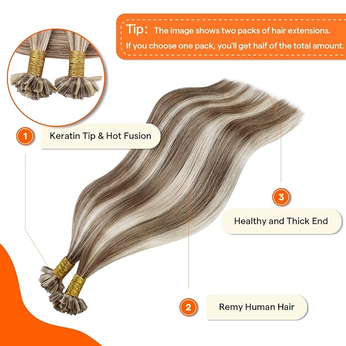 Full Shine U Tip Hair Extensions Human Hair 16 Inch Soft Remy Hair Blonde Highlighted Brown Keratin Tip Hair Extensions Real Human Hair 50 Grams Straight Fusion Extensions