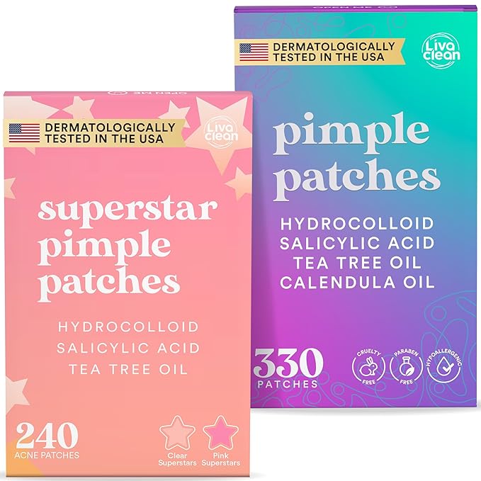 Livaclean 240 Star Pimple Patches for Face + 330 Round Hydrocolloid Acne Patches - Multiple Size Zit Stickers w/Salicylic Acid and Tea Tree Oil - Cute Invisible Acne Patch - Hydrocolloid Pimple patch