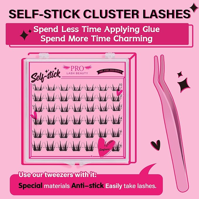 PRO Self Adhesive False Eyelashes,Lash Clusters No Glue Needed Pre Glued No Remover,1 applicator,Easy to Apply, Curved-Thin Band Reusable Cluster Lashes(Sunflower-D-10-16mix)