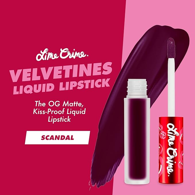 Lime Crime Velvetines Liquid Matte Lipstick, Scandal (Deep Rich Plum) - Bold, Long Lasting Shades & Lip Lining - Stellar Color & High Comfort for All-Day Wear - Talc-Free & Paraben-Free