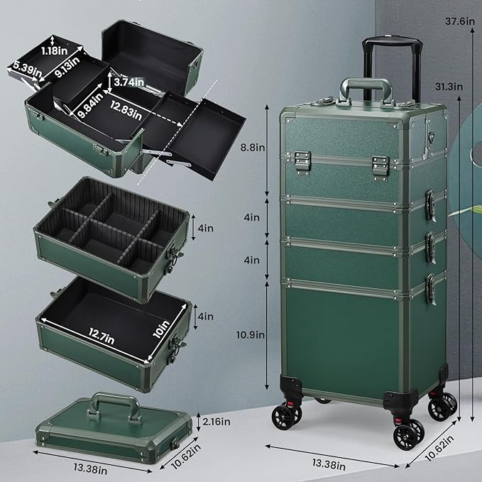 FRENESSA Rolling Makeup Train Case Cosmetology Case on Wheels 5 in 1 Makeup Case with Lid Rolling Large Make Up Organizer for Artist Barber Salon Nail Teach Kits Professional Cosmetic Box Green