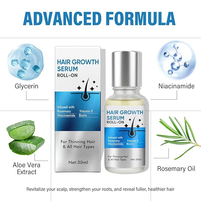 Hair Growth Serum Roll On, Blend with 3% Rosemary, 3% Redensyl, 2% AnaGain, Biotin & Niacinamide, Fast-Absorbing & Non-Greasy, No-Rinse, Advanced Follicle Support for Thinning Hair & All Hair Types