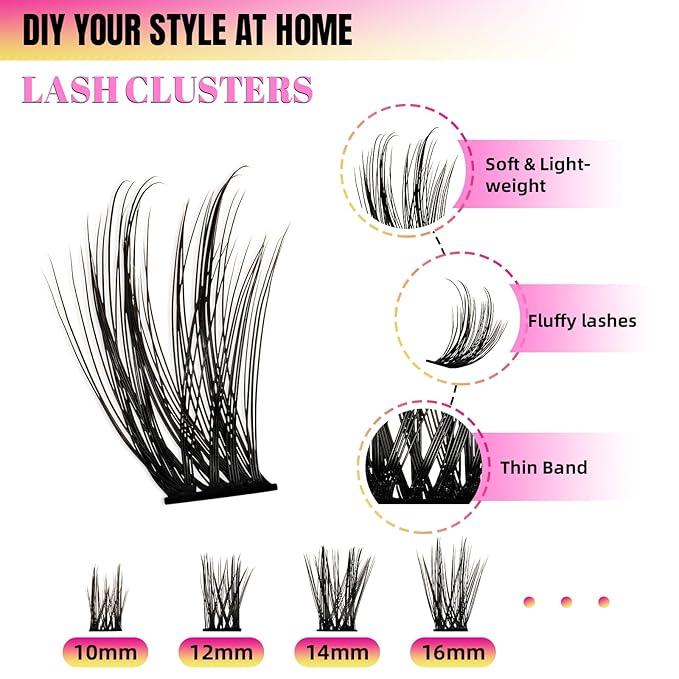 Lash Clusters 72Pcs Cluster Lashes D Curl Cluster Eyelash Extensions Mix10-16mm Individual Eyelashes Clusters Wispy DIY Eyelash Extension Thin Band For Makeup at Home by W(Baby,D-Mix10-16mm）