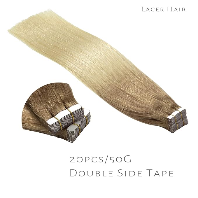 Lacerhair Tape in Balayage Natural Hair Extensions Silky Straight Ombre Bronde to Bleach Blonde Soft Human Hair Extensions 22 Inches