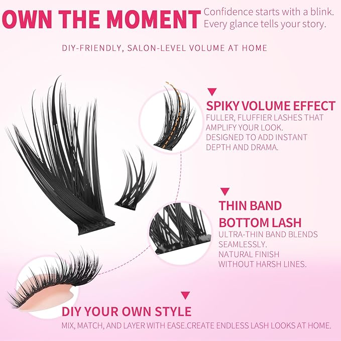 Kiromiro Lash Clusters Kit, 258pcs Lash Clusters with Spikes 12-22mm Top & Bottom Eyelash Clusters Kit with Bond and Seal Fluffy DIY Clusters Lashes Extensions Kit