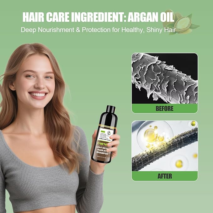 FARNDU Light Brown Hair Dye Shampoo 3 in 1 with Argan Oil – 10-15 Min Gray Coverage, Natural Instant Hair Color Shampoo for Women and Men, Long-Lasting Up to 6 Months, Ideal Christmas Gifts