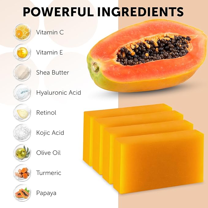 VALITIC Papaya and Turmeric Kojic Acid Soap Bar - Dark Spot Corrector Skin Care Cleansing Bar - Infused with Vitamin C, Hyaluronic Acid, Collagen, Retinol, Olive Oil - 4 Pack