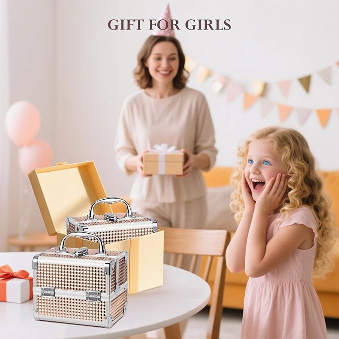 FRENESSA Makeup Case Train Case Portable Makeup Box with Mirror Lock Box Travel Cosmetic Train Cases Hard Makeup Organizer for Nail Craft Storage Vanity Rose Gold
