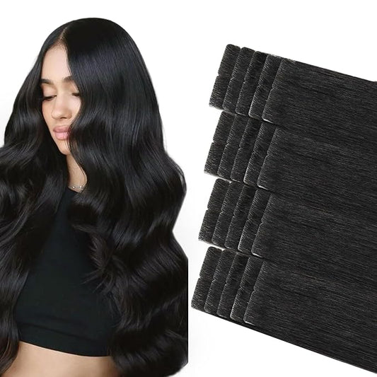 COOKAYU Invisible Tape in Extensions Human Hair, Natural Black Seamless Injected Tape Ins Remy Hair 14Inch 30g 20pcs Straight Invisi Edge Extensions Silky Smooth