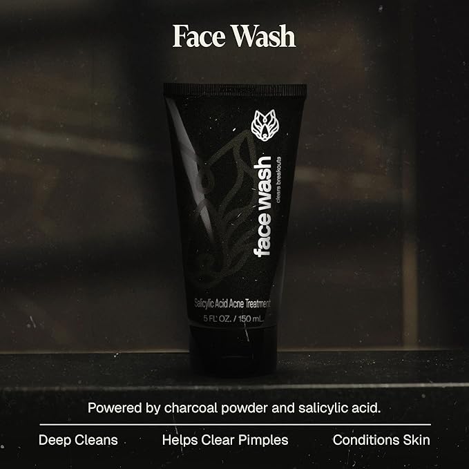 Black Wolf Salicylic Acid Acne Face Wash for Men - Charcoal Facial Cleanser & Exfoliator for Oily Skin - Gentle Daily Face Exfoliant & Pore Reducer Clears Breakouts - Non-Drying Acne Treatment