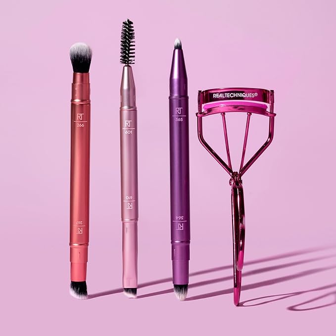 Real Techniques Double Time Brush + Lash 4 Piece Set, Dual-Ended Eye Makeup Brushes For Eyeshadow & Brows, Travel-Friendly Brush Caps For Storage, Eyelash Curler Included, Cruelty-Free