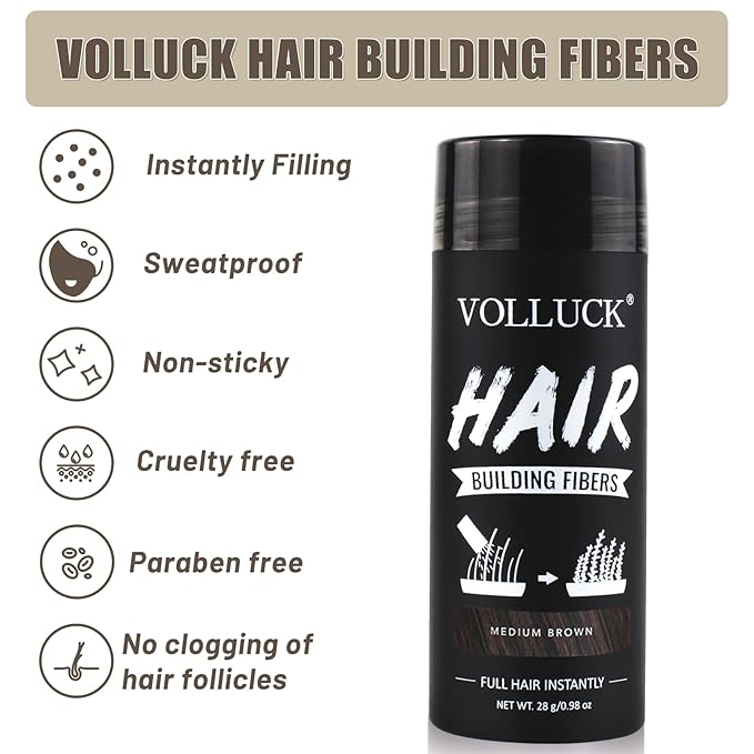 VOLLUCK Hair Fibers for Thinning Hair, Instant Coverage Hair Building Fibers for Women and men, Natural Hair Powder for Conceal Hair Loss 28 g*2 (Medium Brown, 2 PCS)