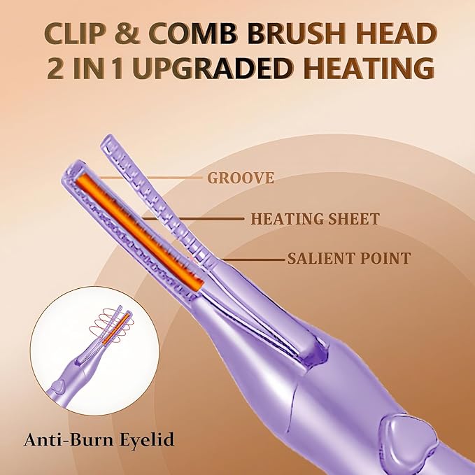 Heated Eyelash Curler, 2-in-1 Clip-Type Design, 3 Temperature Modes, USB Rechargeable Electric Eyelash Curler, Natural Curling 24H Long-Lasting Curl, Gift for Women & Girls, Purple
