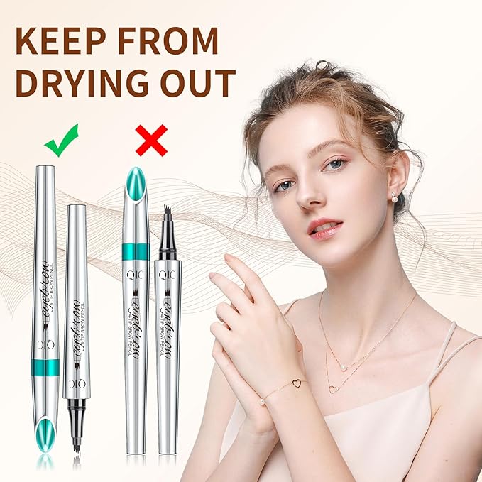 QIC Eyebrow 4 Tip Brow Pencil, Microblading Pen Waterproof Long-Lasting with Upgrade Micro-Fork Tip Applicator for Natural Brows (Black-04)
