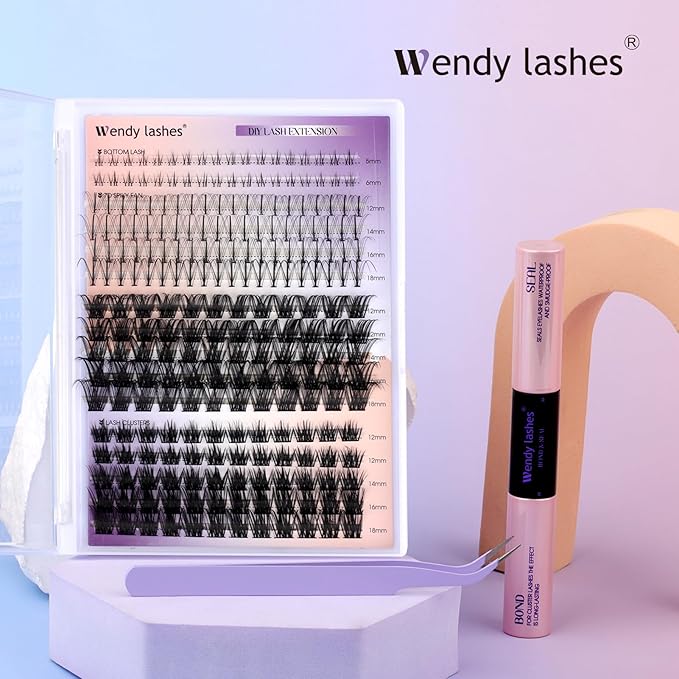 DIY Lash Extension Kit Lash Clusters With Bottom Lashes Volume/Wispy Clusters12-18mm Multi-types Individual Lashes Bond and Seal, Spike, Volume Kit Lash Applicator(Wispy Kit)