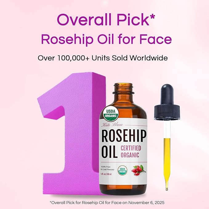 Kate Blanc Cosmetics Rosehip Oil for Face & Softer Glowing Skin (1oz, Organic, Pure, Cold Pressed) Rosehip Seed Face Oil for Facial & Gua Sha Massage