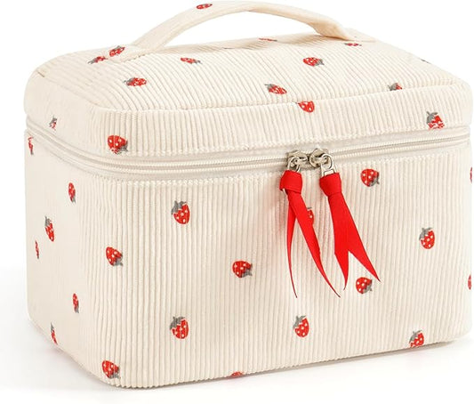 Makeup Bag for Women Quilted Corduroy Make Up Bag Travel Cosmetic Bag Large Makeup Bag Cute Makeup Bags Organizer Toiletry Bag Makeup Pouch for Purse, Mini Strawberry