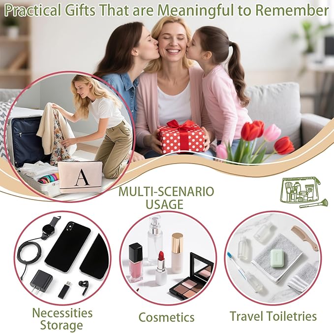 Letter A-Z Initial Personalized Makeup Bags, Birthday Gifts for Women, Monogrammed Gifts for Women Mom Sister Best Friend Bride Bridesmaid, Mothers Day, Christmas, Small Travel Cosmetic Bag (A)